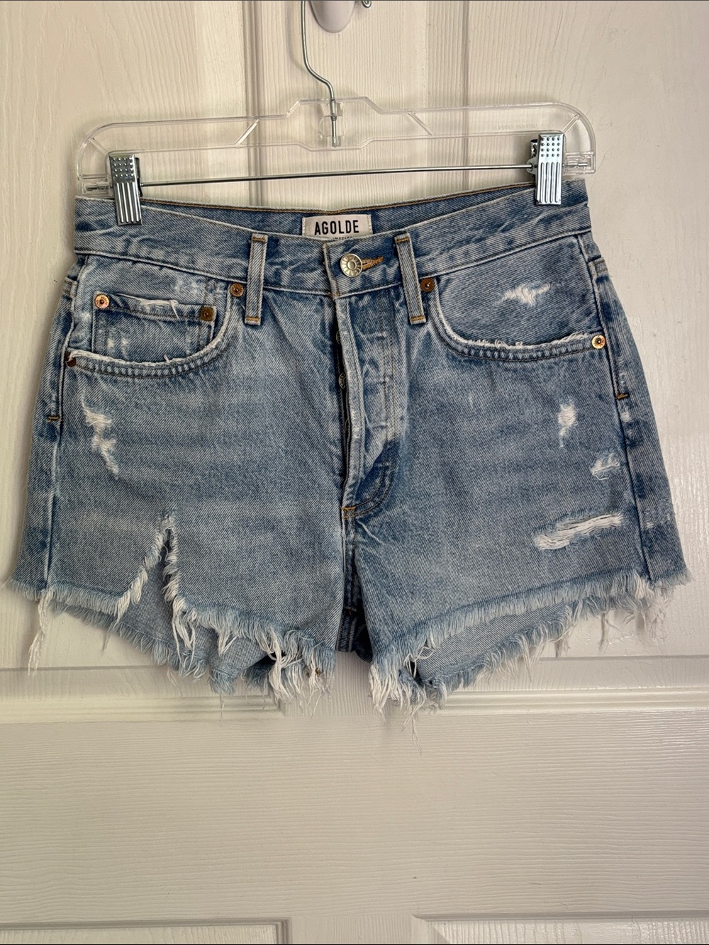 AGOLDE Parker Vintage Cut Off Light Blue Distressed Denim Short Button Fly sz 25
